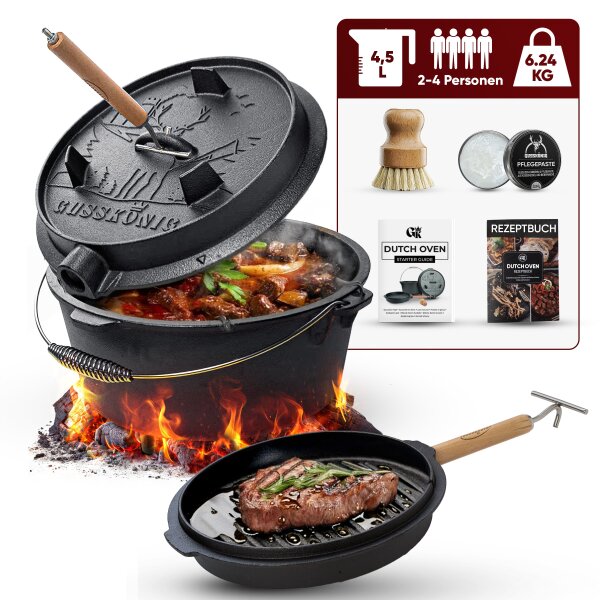 4,5 L mit Füße Eingebrannter Dutch Oven Set – inkl. 2in1 Deckelheber + Bürste + Pflegepaste + Rezeptbuch + Gebrauchsanweisung  – Schmortopf Doppelfunktion [für 2–4 Personen]