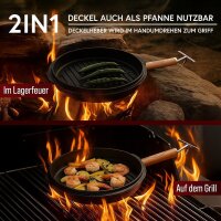 4,5 L mit Füße Eingebrannter Dutch Oven Set – inkl. 2in1 Deckelheber + Bürste + Pflegepaste + Rezeptbuch + Gebrauchsanweisung  – Schmortopf Doppelfunktion [für 2–4 Personen]