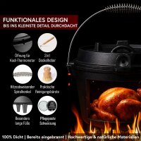 4,5 L mit Füße Eingebrannter Dutch Oven Set – inkl. 2in1 Deckelheber + Bürste + Pflegepaste + Rezeptbuch + Gebrauchsanweisung  – Schmortopf Doppelfunktion [für 2–4 Personen]