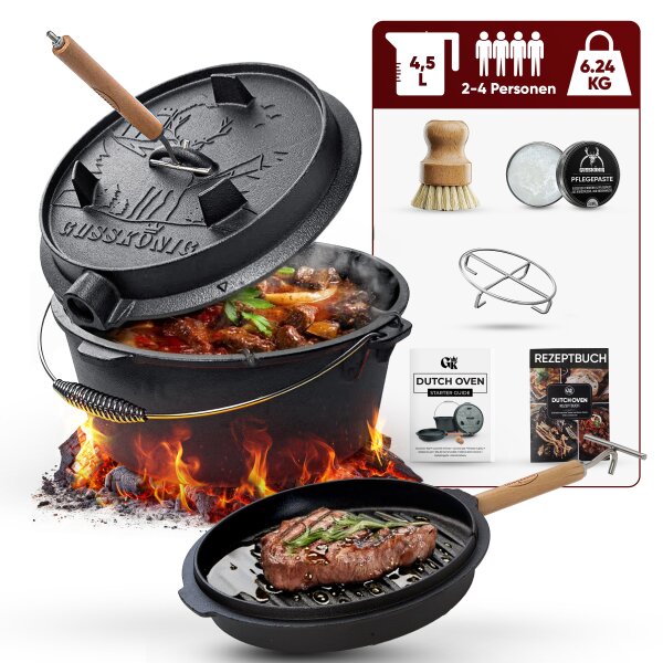 4,5 L ohne Füße Eingebrannter Dutch Oven Set – inkl. 2in1 Deckelheber + Untersetzer + Bürste + Pflegepaste + Rezeptbuch + Gebrauchsanweisung – Schmortopf Doppelfunktion [für 2–4 Personen]