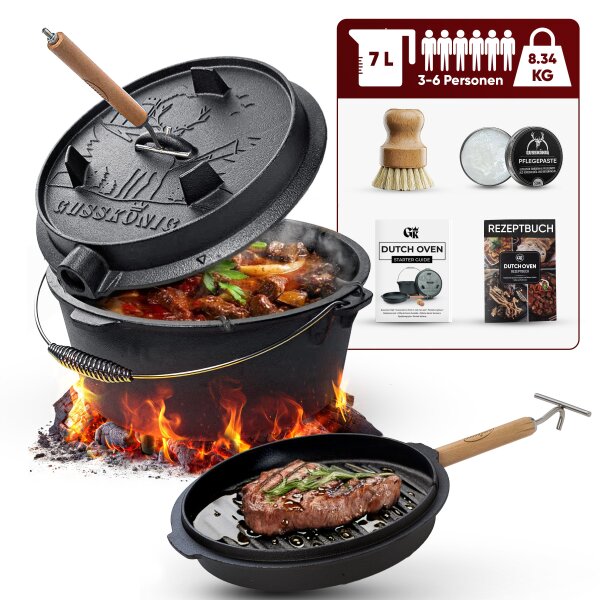7 L mit Füße Eingebrannter Dutch Oven Set – inkl. 2in1 Deckelheber + Bürste + Pflegepaste + Rezeptbuch + Gebrauchsanweisung – Schmortopf Doppelfunktion [für 3–6 Personen]