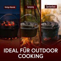 7 L mit Füße Eingebrannter Dutch Oven Set – inkl. 2in1 Deckelheber + Bürste + Pflegepaste + Rezeptbuch + Gebrauchsanweisung – Schmortopf Doppelfunktion [für 3–6 Personen]