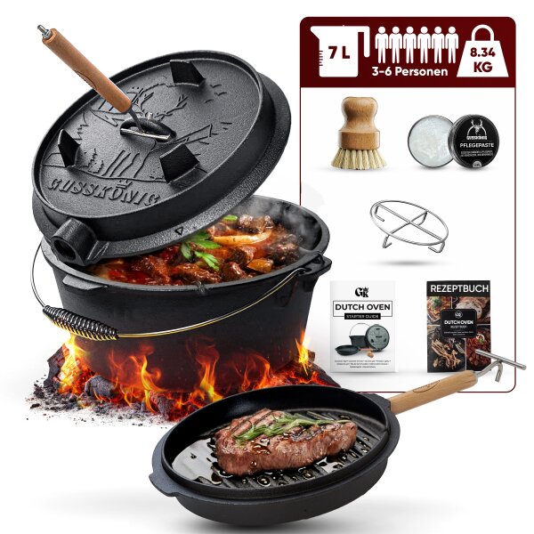 7 L ohne Füße  Eingebrannter Dutch Oven Set – inkl. 2in1 Deckelheber + Untersetzer + Bürste + Pflegepaste + Rezeptbuch + Gebrauchsanweisung – Schmortopf Doppelfunktion [für 3–6 Personen]