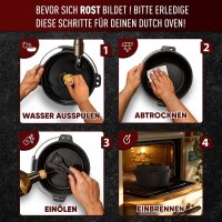 7 L ohne Füße  Eingebrannter Dutch Oven Set – inkl. 2in1 Deckelheber + Untersetzer + Bürste + Pflegepaste + Rezeptbuch + Gebrauchsanweisung – Schmortopf Doppelfunktion [für 3–6 Personen]