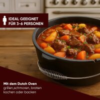 7 L ohne Füße  Eingebrannter Dutch Oven Set – inkl. 2in1 Deckelheber + Untersetzer + Bürste + Pflegepaste + Rezeptbuch + Gebrauchsanweisung – Schmortopf Doppelfunktion [für 3–6 Personen]