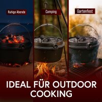 7 L ohne Füße  Eingebrannter Dutch Oven Set – inkl. 2in1 Deckelheber + Untersetzer + Bürste + Pflegepaste + Rezeptbuch + Gebrauchsanweisung – Schmortopf Doppelfunktion [für 3–6 Personen]