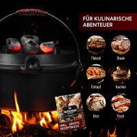 7 L ohne Füße  Eingebrannter Dutch Oven Set – inkl. 2in1 Deckelheber + Untersetzer + Bürste + Pflegepaste + Rezeptbuch + Gebrauchsanweisung – Schmortopf Doppelfunktion [für 3–6 Personen]