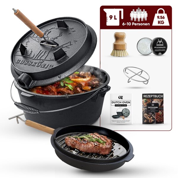 9 L ohne Füße Eingebrannter Dutch Oven Set – inkl. 2in1 Deckelheber + Untersetzer + Bürste + Pflegepaste + Rezeptbuch + Gebrauchsanweisung  – Schmortopf Doppelfunktion