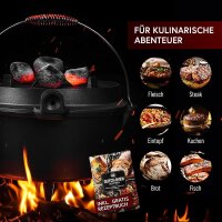 12 L mit Füße Eingebrannter Dutch Oven Set  – inkl. 2in1 Deckelheber + Bürste + Pflegepaste + Rezeptbuch + Gebrauchsanweisung – Schmortopf Doppelfunktion [für 10-16 Personen]