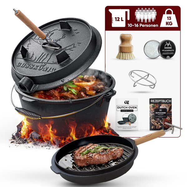 12 L ohne Füße Eingebrannter Dutch Oven Set – inkl. 2in1 Deckelheber + Untersetzer + Bürste + Pflegepaste + Rezeptbuch + Gebrauchsanweisung – Schmortopf Doppelfunktion  [für 10-16 Personen]