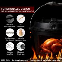 12 L ohne Füße Eingebrannter Dutch Oven Set – inkl. 2in1 Deckelheber + Untersetzer + Bürste + Pflegepaste + Rezeptbuch + Gebrauchsanweisung – Schmortopf Doppelfunktion  [für 10-16 Personen]