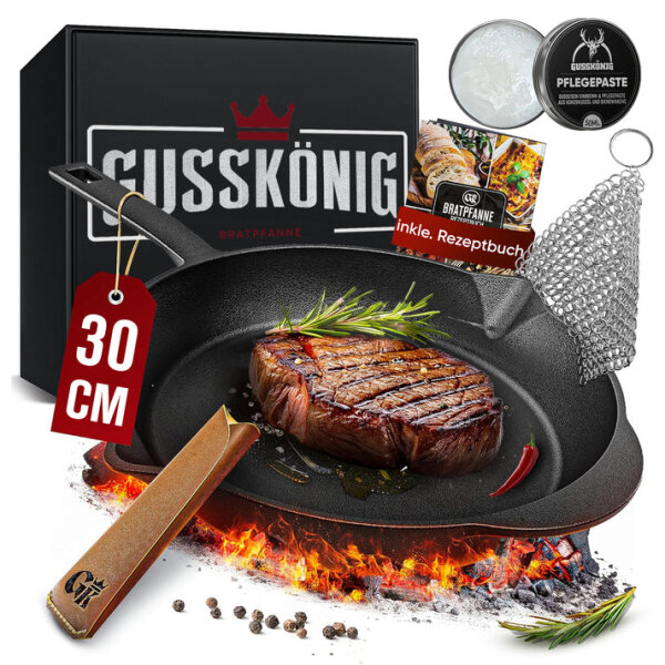 Eingebrannte Gusseisenpfanne 30cm – inkl. Ringreinige + Pflegepaste + Griffschutz aus echtem Leder + Rezeptbuch + Gebrauchsanweisung