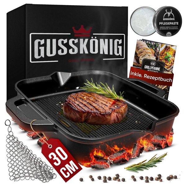 Eingebrannte Grillpfanne 30cm – inkl. Pflegepaste + Ringreiniger + Rezeptbuch + Gebrauchsanweisung