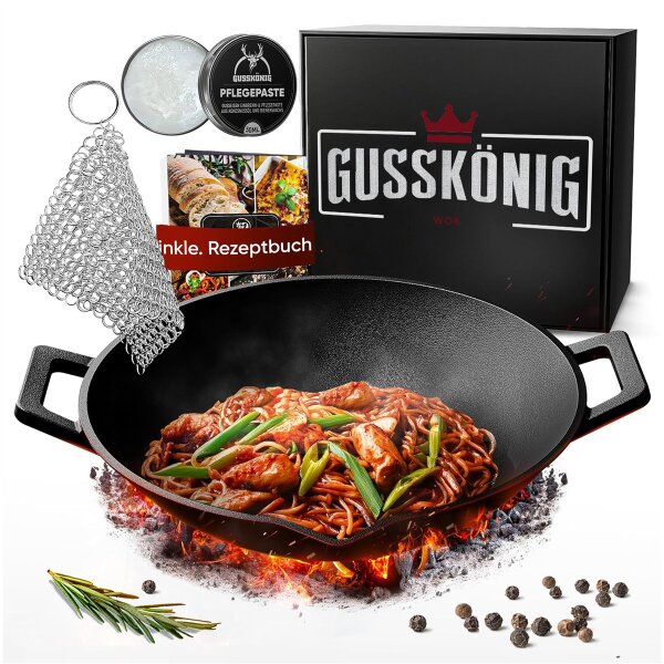 Eingebrannte Wok Pfanne 36cm –  inkl. Pflegepaste + Ringreiniger + Grillhandschuhe + Rezeptbuch + Gebrauchsanweisung