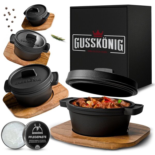 Eingebrannter 4× 300ml Mini Dutch Oven Set mit Holz-Untersetzer – inkl. Pflegepaste + Rezeptbuch + Gebrauchsanweisung