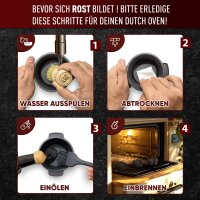 Eingebrannter 4× 300ml Mini Dutch Oven Set mit Holz-Untersetzer – inkl. Pflegepaste + Rezeptbuch + Gebrauchsanweisung