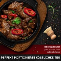 Eingebrannter 4× 300ml Mini Dutch Oven Set mit Holz-Untersetzer – inkl. Pflegepaste + Rezeptbuch + Gebrauchsanweisung