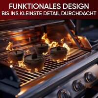Eingebrannter 4× 300ml Mini Dutch Oven Set mit Holz-Untersetzer – inkl. Pflegepaste + Rezeptbuch + Gebrauchsanweisung