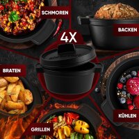 Eingebrannter 4× 300ml Mini Dutch Oven Set mit Holz-Untersetzer – inkl. Pflegepaste + Rezeptbuch + Gebrauchsanweisung
