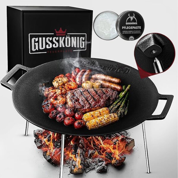 Eingebrannter runde Gusseisen-Grillplatte Ø 42cm mit 3 Edelstahl-Beinen – inkl. Pflegepaste + Rezeptbuch + Gebrauchsanweisung