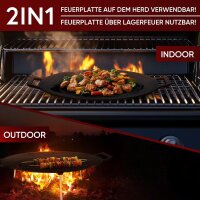 Eingebrannter runde Gusseisen-Grillplatte Ø 42cm mit 3 Edelstahl-Beinen – inkl. Pflegepaste + Rezeptbuch + Gebrauchsanweisung