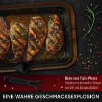 Eingebrannte Fajita-Pfanne mit Servierbrett aus Akazienholz – inkl. abnehmbarer Griff + Pflegepaste + Rezeptbuch + Gebrauchsanweisung