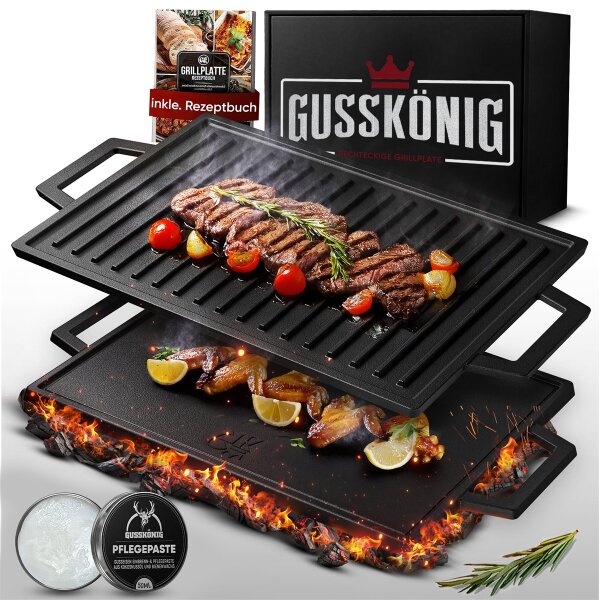 Eingebrannter Grillplatte mit Griffen, 33 cm – inkl. Pflegepaste + Rezeptbuch + Gebrauchsanweisung